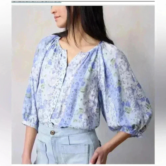 LC Lauren Conrad Blue Blooming stripe Floral Raglan Sleeve Button Top Large blue - Picture 1 of 8